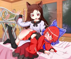 Rule 34 | 2girls, animal ears, aospanking, ass, bed, black footwear, blush, bow, brown eyes, brown hair, butt crack, clothes lift, crescent moon, closed eyes, flower, hair bow, imaizumi kagerou, jewelry, lying, moon, multiple girls, on lap, open mouth, panties, panty pull, red ass, red hair, sekibanki, skirt, skirt lift, spanked, spanking, thighhighs, touhou, tree, underwear, white panties, window