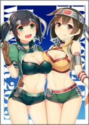 Rule 34 | 10s, 2girls, adapted costume, asymmetrical docking, bare shoulders, black hair, blue hair, blush, breast press, breasts, brown eyes, brown gloves, brown hair, cleavage, cleavage cutout, clothing cutout, gloves, green eyes, hair ornament, hair ribbon, hairband, hand on another&#039;s hip, headband, hiryuu (kancolle), horosuke, kantai collection, large breasts, long hair, looking at viewer, midriff, multiple girls, navel, one side up, open mouth, puffy short sleeves, puffy sleeves, race queen, remodel (kantai collection), ribbon, short hair, short shorts, short sleeves, shorts, side ponytail, smile, souryuu (kancolle), thighs, twintails