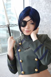 Rule 34 | 1girl, asian, blue hair, blurry, breasts, chrome dokuro, color contacts, cosplay, depth of field, eyepatch, female focus, highres, indoors, jewelry, katekyo hitman reborn!, looking at viewer, makeup, mascara, midriff, namada, necklace, photo (medium), polearm, short hair, skull and crossbones, small breasts, smile, solo, spear, standing, trident, uniform, weapon, window