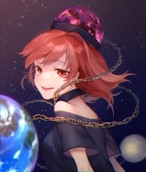 Rule 34 | 1girl, black collar, black shirt, breasts, chain, collar, earth (ornament), floating hair, hecatia lapislazuli, highres, long hair, looking at viewer, moon (ornament), off-shoulder shirt, off shoulder, red eyes, red hair, shidaccc, shirt, short sleeves, sky, smile, solo, star (sky), starry sky, touhou, upper body