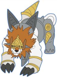 Rule 34 | 1other, armor, claws, digimon, digimon (creature), dorulumon, fangs, highres, horns, other focus, pawnchessmon (white), simple background, solo, white background, xros up dorulumon (pawnchessmon (white))
