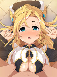 Rule 34 | 1girl, blonde hair, blush, breasts, breasts squeezed together, censored, cleavage, clothed female nude male, collar, from above, grabbing, grabbing another&#039;s breast, green eyes, hands up, hat, kinoshita ichi, large breasts, legs, long hair, looking at viewer, lying, mosaic censoring, navel, nude, on back, open mouth, paizuri, paizuri under clothes, penis, pov, solo focus, straddling, straddling paizuri, thighs, upper body