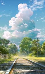 Rule 34 | blue sky, cherry blossoms, cloud, commentary request, cumulonimbus cloud, dappled sunlight, day, fence, highres, landscape, no humans, original, outdoors, pebble, petals, power lines, railroad tracks, scenery, sky, summer, sunlight, tomato (kiiroitomato33), tree, utility pole, vanishing point