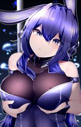 Rule 34 | 1girl, absurdres, animal ears, arm strap, azur lane, bare shoulders, bodystocking, breast lift, breasts, cleavage, fake animal ears, hair between eyes, highres, huge filesize, large breasts, leotard, looking at viewer, new jersey (azur lane), new jersey (exhilarating steps!) (azur lane), official alternate costume, playboy bunny, purple eyes, purple hair, purple leotard, rabbit ears, samip, see-through, see-through cleavage, skin tight, strapless, strapless leotard, upper body, wrist cuffs