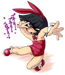 Rule 34 | 1girl, animal ears, black hair, blunt bangs, bow, bowtie, fake animal ears, full body, hanako-san (youkai watch), heart, heart-shaped pupils, high heels, leotard, looking at viewer, one eye closed, playboy bunny, rabbit ears, short hair, simple background, smile, solo, strapless, strapless leotard, symbol-shaped pupils, text focus, thighhighs, translation request, v, white background, wink, wrist cuffs, youkai watch, youkai watch 2