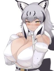 Rule 34 | 1girl, alternate breast size, animal ear fluff, animal ears, bare shoulders, belt, bikini, bikini under clothes, black hair, blush, bow, bowtie, breasts, breasts out, buttons, canadian lynx (kemono friends), center opening, cleavage, closed mouth, colored inner hair, covered erect nipples, detached sleeves, extra ears, fur-trimmed sleeves, fur scarf, fur trim, furrowed brow, grey hair, hair between eyes, half-closed eyes, hands up, highres, huge breasts, kemono friends, long hair, looking at viewer, lynx ears, multicolored hair, partially unbuttoned, puffy nipples, scarf, seductive smile, shibori kasu, shirt, simple background, smile, solo, swimsuit, upper body, white background, white bikini, white hair, yellow eyes