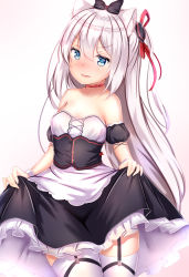 Rule 34 | 1girl, animal ear fluff, animal ears, azur lane, bare shoulders, black bow, black dress, blue eyes, blush, bow, breasts, cat ears, choker, clothes lift, collarbone, cowboy shot, detached sleeves, dress, dress lift, fang, frown, garter straps, gradient background, hair between eyes, hair bow, hair ribbon, hammann (azur lane), highres, long hair, looking at viewer, one side up, parted lips, puffy short sleeves, puffy sleeves, remodel (azur lane), ribbon, ribbon choker, short sleeves, small breasts, solo, standing, thighhighs, v-shaped eyebrows, very long hair, white hair, white thighhighs, yuano