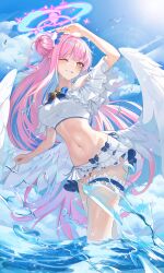Rule 34 | 1girl, absurdres, adapted costume, angel wings, arm up, bikini, bikini skirt, blue archive, blue bow, bow, commentary request, crop top, day, eikou no kassai, feathered wings, hair bun, hair ornament, halo, highres, lens flare, long hair, low wings, mika (blue archive), navel, ocean, one eye closed, outdoors, partial commentary, pink hair, pink halo, single side bun, smile, solo, stomach, sun, swimsuit, thigh strap, wading, water, white wings, wings, yellow eyes