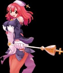 Rule 34 | 1girl, bare shoulders, blush, breasts, cross, gloves, la pucelle, large breasts, long hair, lowres, nippon ichi, open mouth, prier, red hair, smile, solo, staff