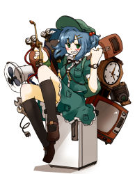 Rule 34 | 1girl, amonitto, backpack, bag, bellows camera, black socks, blue hair, camera, clock, electric fan, electric plug, freezer, full body, grandfather clock, green eyes, grin, hair bobbles, hair ornament, hairclip, hat, kawashiro nitori, looking at viewer, shirt, shoes, sitting, sitting on object, skirt, smile, socks, solo, television, touhou, watch, welding mask, white background, wrench, wristwatch