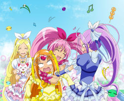 Rule 34 | 10s, 4girls, :d, = =, angry, beamed quavers, blonde hair, blue skirt, blush, bow, choker, cure beat, cure melody, cure muse, cure muse (yellow), cure rhythm, closed eyes, fuchi (nightmare), highres, houjou hibiki, hug, hug from behind, hummy (suite precure), jealous, kurokawa eren, minamino kanade, multiple girls, musical note, open mouth, orange hair, pink bow, pink hair, ponytail, precure, purple hair, quaver, seiren (suite precure), shirabe ako, skirt, smile, suite precure, twintails, white choker, yellow bow