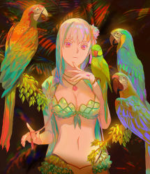 Rule 34 | 1girl, bare shoulders, bikini, bird, bracelet, braid, braided ponytail, breasts, cleavage, closed mouth, collarbone, drawstring, earrings, fate/grand order, fate (series), flower, forest, frills, green bikini, green vest, hair flower, hair ornament, hair ribbon, highres, hood, hooded vest, hoodie, jewelry, kama (fate), kama (swimsuit avenger) (fate), kama (swimsuit avenger) (second ascension) (fate), large breasts, long hair, looking at viewer, lotus, nail polish, nature, necklace, palm tree, parakeet, parrot, pendant, red eyes, ribbon, silver hair, swimsuit, tree, user nyup5728, vest