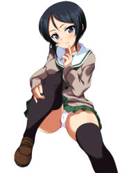 Rule 34 | 10s, 1girl, alternate costume, black eyes, black hair, black neckerchief, black thighhighs, brown footwear, brown sweater, cameltoe, chouno ami, closed mouth, crotch seam, finger to mouth, full body, girls und panzer, green skirt, highres, hugging own legs, loafers, long sleeves, looking at viewer, miniskirt, neckerchief, ooarai school uniform, ouhashi, panties, pantyshot, pleated skirt, school uniform, serafuku, shoes, short hair, simple background, sitting, skirt, smile, solo, sweater, swept bangs, thighhighs, underwear, white background, white panties, winter uniform