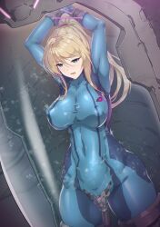 Rule 34 | 1girl, arms up, blonde hair, breasts, covered erect nipples, green eyes, large breasts, long hair, metroid, metroid: zero mission, nandz, nintendo, object insertion, ponytail, restrained, samus aran, sex machine, skin tight, stasis tank, stationary restraints, vaginal, vaginal object insertion, variant set, zero suit
