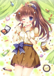 Rule 34 | 1girl, ;d, absurdres, blue bow, blue eyes, blue flower, blush, bow, bracelet, breasts, brown hair, brown skirt, collarbone, commentary request, cowboy shot, flower, hair between eyes, hair flower, hair ornament, hair scrunchie, hairclip, hands up, high ponytail, highres, holding, jewelry, kouta., lipstick, long hair, makeup, makeup brush, medium breasts, mirror, nail polish bottle, one eye closed, open mouth, orange flower, original, pink bow, pink flower, polka dot, polka dot bow, ponytail, powder puff, puffy short sleeves, puffy sleeves, red lips, scrunchie, shirt, short sleeves, skirt, smile, solo, sparkle, sunflower, very long hair, white scrunchie, white shirt, yellow flower