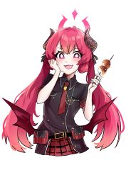 1girl, :d, absurdres, belt, belt buckle, belt pouch, black belt, black shirt, blue archive, blush, breast pocket, buckle, collared shirt, eyebrows visible through hair, eyelashes, fang, flat chest, food, gradient hair, hand on own cheek, hand on own face, highres, holding, holding food, horns, junko (blue archive), low wings, multicolored hair, nyangp, open mouth, pink eyes, pink hair, plaid, plaid skirt, pocket, pouch, red neckwear, red skirt, shirt, short sleeves, skin fang, skirt, smile, solo, sparkling eyes, tagme, white background, wings