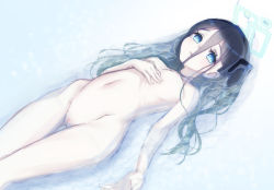 Rule 34 | 1girl, aqua eyes, aris (blue archive), arm at side, bad id, bad pixiv id, black hair, blue archive, blush, breasts, cleft of venus, completely nude, female focus, hair between eyes, hair ornament, hairband, halo, hand on own chest, highres, long hair, long hair between eyes, looking at viewer, lying, navel, nipples, nude, on back, open mouth, partially submerged, ponytail, pussy, shi0n krbn, side ponytail, simple background, small breasts, solo, uncensored, water, white background