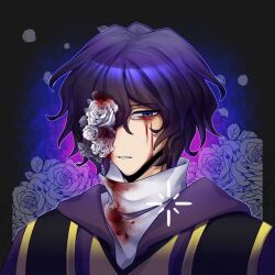 Rule 34 | 1boy, blood, blood on clothes, blood on face, blood on flower, chinese commentary, commentary request, flower, flower over eye, gold trim, grey eyes, male focus, portrait, purple hair, rose, saibou shinkyoku, shirt, short hair, solo, stole, utsugi noriyuki, white flower, white rose, white shirt, xuanyi-menghuan