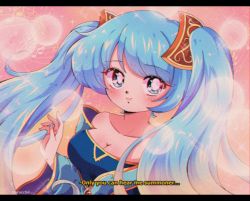Rule 34 | 1girl, absurdres, artist name, blue eyes, blue hair, bubble, bubble background, dress, english text, highres, kuracchii, league of legends, letterboxed, looking at viewer, musical note, off-shoulder dress, off shoulder, pink background, retro artstyle, sona (league of legends)