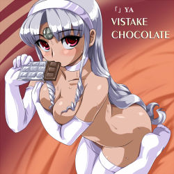 Rule 34 | 1girl, blush, breasts squeezed together, breasts, candy, chocolate, chocolate bar, choker, cleavage, dark-skinned female, dark skin, drill hair, elbow gloves, food, gloves, grey hair, hairband, kneeling, long hair, looking up, nude, os-tan, red eyes, sitting, solo, sweat, thighhighs, toushi ryoku, valentine, vista-tan, vistake, wariza, white thighhighs