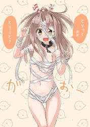 Rule 34 | 1girl, bandage over one eye, bandaged head, bandages, breasts, chair, collar, commentary request, gluteal fold, halloween, high ponytail, highres, kantai collection, koda (kodadada), light brown hair, long hair, looking at viewer, mummy, mummy costume, naked bandage, navel, ponytail, small breasts, solo, trick or treat, zuihou (kancolle)