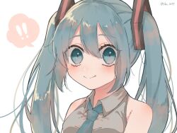 Rule 34 | !, 1girl, aqua eyes, aqua hair, aqua necktie, bare shoulders, blush, collared shirt, constricted pupils, double-parted bangs, grey shirt, hair between eyes, hair ornament, hatsune miku, long hair, necktie, shirt, sidelocks, simple background, skn 1027, sleeveless, sleeveless shirt, smile, spoken exclamation mark, twintails, twitter username, upper body, vocaloid, white background