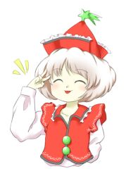 Rule 34 | 1girl, ^ ^, closed eyes, closed mouth, frilled hat, frills, hand up, hat, light brown hair, long sleeves, lyrica prismriver, nonamejd, official style, red hat, red vest, short hair, simple background, smile, solo, star (symbol), tongue, tongue out, touhou, upper body, v, vest, white background, zun (style)