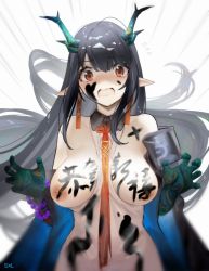 Rule 34 | 1girl, arknights, artist name, bead bracelet, beads, black hair, blush, body writing, bracelet, breasts, dusk (arknights), female focus, fingernails, highres, horns, inverted nipples, jewelry, large breasts, long hair, looking at viewer, nipples, nose blush, open mouth, pointy ears, sidelocks, solo, songchuan li, tears, translation request
