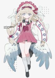 Rule 34 | 1girl, artist name, black footwear, black sailor collar, blonde hair, blue eyes, bow, chizunyanko, closed mouth, dated, dress, expressionless, feathered wings, full body, grey eyes, hair bow, hand on own chest, hands up, heterochromia, highres, kneehighs, loafers, long hair, long sleeves, looking at viewer, low twintails, low wings, neckerchief, original, pink dress, red bow, ribbon, sailor collar, shoes, simple background, sleeveless, socks, solo, standing, twintails, twisted hair, very long hair, walking, white background, white sleeves, white socks, white wings, wide sleeves, wings