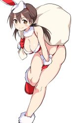 Rule 34 | 1girl, animal ears, bent over, between legs, bikini, boots, breasts, brown eyes, brown hair, buta-don, christmas, cleavage, gertrud barkhorn, gloves, hairband, hand between legs, highres, large breasts, looking at viewer, rabbit ears, sack, santa bikini, santa boots, santa costume, santa gloves, simple background, smile, solo, strike witches, swimsuit, twintails, white background, world witches series