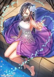 Rule 34 | 1girl, bare shoulders, barefoot, black hair, copyright name, dress, feet, flower, green eyes, hair flower, hair ornament, official art, see-through, sid story, sila (carpen), sitting, solo, toes, water