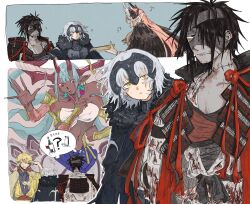 Rule 34 | 2boys, 3girls, aqua hair, armor, bandaged head, bandages, bandeau, black cape, black eyes, black hair, blonde hair, cape, chiemon (fate), circe (fate), clenched teeth, closed mouth, dark-skinned female, dark skin, earrings, fate/samurai remnant, fate (series), fur-trimmed cape, fur trim, gilgamesh (fate), headpiece, highres, horns, ibuki douji (fate), japanese armor, japanese clothes, jeanne d&#039;arc alter (fate), jeanne d&#039;arc alter (lancer) (fate), jewelry, kimono, long hair, multiple boys, multiple girls, multiple views, one eye covered, oni, pink eyes, pink hair, pointy ears, red horns, ruda (ruda 0616 tfj), shared thought bubble, short hair, shoulder armor, simple background, sode, sweat, teeth, thought bubble, wing hair ornament, yellow eyes, yellow kimono