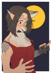 Rule 34 | 1girl, animal ears, animal nose, black eyes, black hair, body fur, border, breasts, cleavage, collarbone, colored sclera, fangs, full moon, furrification, furry, furry female, grey fur, heterochromia, highres, looking down, medium breasts, misotsuki ayabe, moon, off shoulder, open hand, open mouth, original, outside border, pointy ears, red eyes, short hair, snout, solo, surprised, transformation, werewolf, white border, wolf ears, wolf girl, yellow sclera