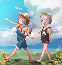 Rule 34 | 2girls, aged down, animal ears, black tank top, blue overalls, blue sky, braid, brown hair, cat ears, cat girl, cat tail, closed eyes, cloud, dog ears, dog girl, dog tail, dolphin shorts, fang, flip-flops, flower, grass, grin, hat, highres, holding hands, hololive, inugami korone, low twin braids, mountain, multiple girls, nekomata okayu, overalls, overalls rolled up, pink hair, sandals, shirt, shorts, sky, smile, strap slip, striped clothes, striped shirt, sun hat, tail, tama (tamago), tank top, twin braids, virtual youtuber, wavy mouth, yawning, yubi yubi (inugami korone)