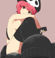 Rule 34 | 1girl, armpits, black footwear, black headwear, black thighhighs, breasts, censored, censored nipples, closed mouth, commentary request, convenient censoring, convenient leg, head tilt, highres, holding, jakuzure nonon, jinsai sa sa, kill la kill, knee up, looking at viewer, nude, pouch, print headwear, purple background, short hair, simple background, sitting, skull print, small breasts, smile, solo, thighhighs