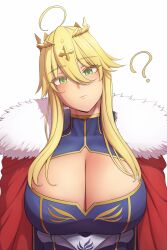 Rule 34 | 1girl, ?, ahoge, artoria pendragon (fate), artoria pendragon (lancer) (fate), blonde hair, breasts, cape, cleavage, closed mouth, coat, commentary, crown, english commentary, eyes visible through hair, fate/grand order, fate (series), green eyes, hair between eyes, hair ornament, head tilt, highres, large breasts, light blush, long hair, looking at viewer, lvl (sentrythe2310), red cape, sleeveless, sleeveless turtleneck, solo, turtleneck, upper body, white background