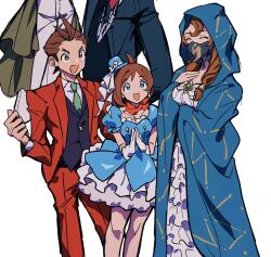 2boys 3girls ace_attorney adapted_costume antenna_hair apollo_justice apollo_justice:_ace_attorney blue_cloak blue_dress blue_eyes blue_hat blue_jacket blue_pants blue_suit bow braided_twintails brown_eyes brown_hair cloak closed_eyes collarbone collared_shirt dress earrings ema_skye feet_out_of_frame formal_clothes frilled_dress frilled_jacket frills gloves green_brooch green_jacket green_necktie grgrton hand_on_own_chest hat hat_bow hat_ribbon highres jacket jewelry klavier_gavin lamiroir_(ace_attorney) long_hair long_sleeves mini_hat mini_top_hat multiple_boys multiple_girls necktie open_mouth out_of_frame palms_together pants puffy_short_sleeves puffy_sleeves purple_shirt red_suit ribbon scarf shirt short_hair short_sleeves simple_background single_earring smile split_crop sternocleidomastoid_muscle suit suit_jacket top_hat trucy_wright vest wallet_chain white_background white_dress white_gloves white_pants white_shirt