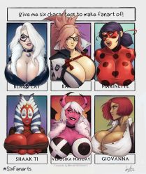 Rule 34 | 6+girls, alternate breast size, areola slip, baiken, black bodysuit, black cat (marvel), black lips, bodysuit, breast hold, breast lift, breasts, bursting breasts, character name, choker, cleavage, closed eyes, collared shirt, colored sclera, colored skin, commentary, covered erect nipples, crossover, dark-skinned female, dark areolae, dark skin, devilhs, domino mask, english commentary, eyepatch, eyeshadow, facial tattoo, felicia hardy, giovanna (guilty gear), guilty gear, guilty gear strive, hair over one eye, hazbin hotel, heart, heart tattoo, helluva boss, highres, horns, huge breasts, ladybug (character), leaning forward, licking lips, lips, low twintails, makeup, marinette dupain-cheng, marvel, mask, meme, miraculous ladybug, multiple crossover, multiple drawing challenge, multiple girls, naughty face, nose, one-eyed, out of frame, partially unbuttoned, pink hair, pink horns, pink skin, ponytail, print shirt, purple hair, purple lips, red bodysuit, red hair, red skin, scar, scar on face, shaak ti, shirt, short twintails, six fanarts challenge, spider-man (series), star wars, star wars: the clone wars, strapless, superhero costume, tattoo, togruta, tongue, tongue out, tube top, twintails, upper body, verosika mayday, white hair, yellow sclera