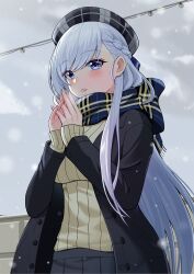 Rule 34 | 1girl, alternate costume, azur lane, belfast (azur lane), braid, coat, enpera, french braid, highres, interlocked fingers, lemon kele, long hair, long sleeves, looking at viewer, open clothes, open coat, outdoors, own hands together, plaid, plaid scarf, purple eyes, ribbed sweater, scarf, snow, snowing, striped, sweater, upper body, vertical stripes, white hair