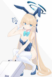 Rule 34 | 1girl, absurdres, animal ears, blonde hair, blue archive, blue bow, blue bowtie, blue eyes, blue footwear, blue hair, blue leotard, bow, bowtie, braid, breasts, detached collar, earpiece, fake animal ears, full body, halo, high heels, highres, leotard, long hair, looking at viewer, medium breasts, multicolored hair, official alternate costume, open mouth, rabbit ears, simple background, solo, strapless, strapless leotard, streaked hair, thighhighs, toki (blue archive), toki (bunny) (blue archive), white background, white wrist cuffs, wrist cuffs, xsan