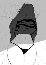 Rule 34 | 1girl, bed, belly, clothes lift, curvy, dress, dress lift, greyscale, highres, lace, lying, momoko (shoutao), monochrome, navel, on back, original, panties, shoutao, solo, stomach, thick thighs, thighs, underwear, wide hips