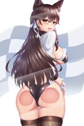 Rule 34 | 1girl, absurdres, against glass, animal ears, ass, ass press, atago (azur lane), atago (stunning speedster) (azur lane), azur lane, bikini, black thighhighs, blush, breasts, breasts out, brown eyes, brown hair, checkered flag, come hither, flag, from behind, hair ribbon, highres, large breasts, long hair, looking at viewer, mole, mole under eye, naughty face, open mouth, ribbon, shiny clothes, shiny skin, short shorts, shorts, shrug (clothing), sideboob, smile, solo, swept bangs, swimsuit, thighhighs, two-tone bikini, very long hair, yanows