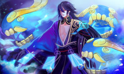 Rule 34 | 1boy, black gloves, black hair, dragon print, earrings, forever 7th capital, gloves, hair between eyes, japanese clothes, jewelry, long hair, male focus, pectorals, red eyes, ribbon-trimmed sleeves, ribbon trim, shinaipenguin, solo, standing, very long hair, wide sleeves