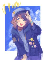 Rule 34 | 1girl, blue eyes, bracelet, brown hair, cloud, hat, highres, hood, jacket, jewelry, looking at viewer, love live!, love live! sunshine!!, salute, short hair, shouttie, simple background, solo, watanabe you, wavy hair