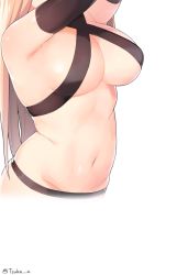 Rule 34 | 1girl, armpits, arms up, bad id, bad pixiv id, bare shoulders, bikini, black bikini, blonde hair, breasts, cleavage, criss-cross halter, cropped torso, girls&#039; frontline, groin, halterneck, head out of frame, long hair, medium breasts, navel, simple background, solo, stomach, swimsuit, tmp (girls&#039; frontline), tsuka, twitter username, upper body, white background
