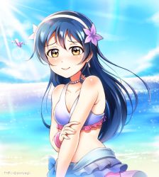 Rule 34 | 1girl, aircraft, airplane, bikini, bikini skirt, blue hair, blush, bracelet, closed mouth, commentary request, day, flower, frilled bikini, frills, hair between eyes, hair flower, hair ornament, hibiscus, jewelry, long hair, looking at viewer, love live!, love live! school idol project, natsuiro egao de 1 2 jump!, necklace, ocean, outdoors, ponyagii, smile, solo, sonoda umi, standing, swimsuit, yellow eyes