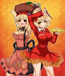 Rule 34 | 2girls, :d, aki minoriko, aki shizuha, arms up, art brush, autumn leaves, basket, black ribbon, blonde hair, blush, breasts, carrot, carrying overhead, cowboy shot, dress, food, fruit, grapes, hair ornament, hat, highres, large breasts, leaf, leaf hair ornament, leaf on head, long sleeves, looking at viewer, maple leaf, mob cap, multiple girls, n (dai n honpo), neck ribbon, open mouth, paintbrush, palette (object), ribbon, sash, short dress, short hair, siblings, sisters, smile, sweet potato, taut clothes, taut dress, touhou, watermelon