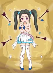 Rule 34 | apron, arrow (projectile), black hair, blue dragon, blush, bouquet (blue dragon), breast hold, breasts, highres, torn clothes, twintails