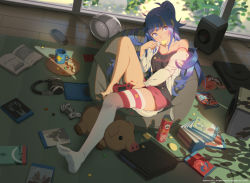 Rule 34 | 1girl, ahoge, ai-chan (playstation), barefoot, bean bag chair, blue eyes, blue hair, blush, braid, breasts, cardigan, chips (food), clothes writing, commentary, controller, cup, day, dualshock, eating, english commentary, feet, food, game console, game controller, gamepad, hair between eyes, hair ornament, handheld game console, headphones, highres, holding, holding controller, holding game controller, indoors, instruction manual, knee up, long hair, long sleeves, looking at viewer, medium breasts, off shoulder, open cardigan, open clothes, pink shorts, playstation 4, playstation controller, playstation vita, potato chips, pringles, shade, shorts, single thighhigh, singlet, solo, sony, speaker, strap slip, thighhighs, tray, twintails, vofan, white cardigan, window