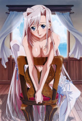 Rule 34 | 1girl, absurdres, ahoge, asymmetrical bangs, blue eyes, blue sky, body blush, bow, bow legwear, breasts, breasts squeezed together, censored, chair, chair censor, charlotte hazellink, cleavage, cloud, convenient censoring, frilled thighhighs, frills, hair between eyes, hair intakes, highres, indoors, lace, lace-trimmed legwear, lace trim, large breasts, leg up, light smile, lighthouse, lipstick, long hair, looking at viewer, makeup, megami magazine, navel, nude, ocean, official art, own hands together, princess lover, scan, shadow, sidelocks, silver hair, sitting, sitting backwards, sky, smile, solo, thighhighs, transparent, uchida takayuki, v arms, very long hair, water, white thighhighs, wind, window, wooden floor